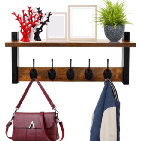 Étagère murale moderne avec 5 crochets métalliques pour le rangement dans l'entrée et le salon
