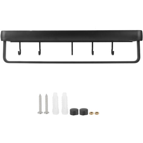 Étagère Murale Multifonction en Aluminium Aérospatial 50cm avec Barre et 5 Crochets - Support de Rangement pour Cuisine & Salle de Bain (1 Niveau, Installation par Percage)