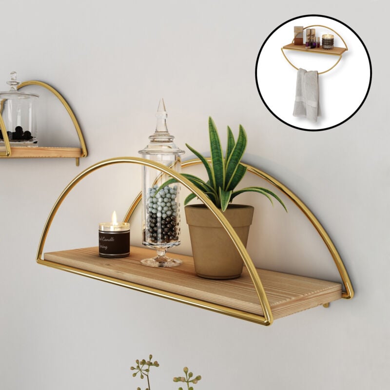 [en.casa] - tagère murale Mynämäki métal bois de pin 39 x 16 x 17 cm or naturel