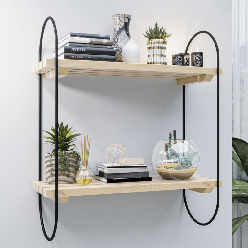 [en.casa] - tagère murale Oulu à 2 niveaux métal bois de pin 40 x 16 x 47 cm noir naturel