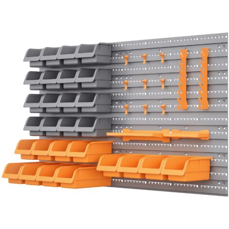 Étagère murale outils 95x54 cm, 28 boîtes empilables, différents crochets, gris/orange