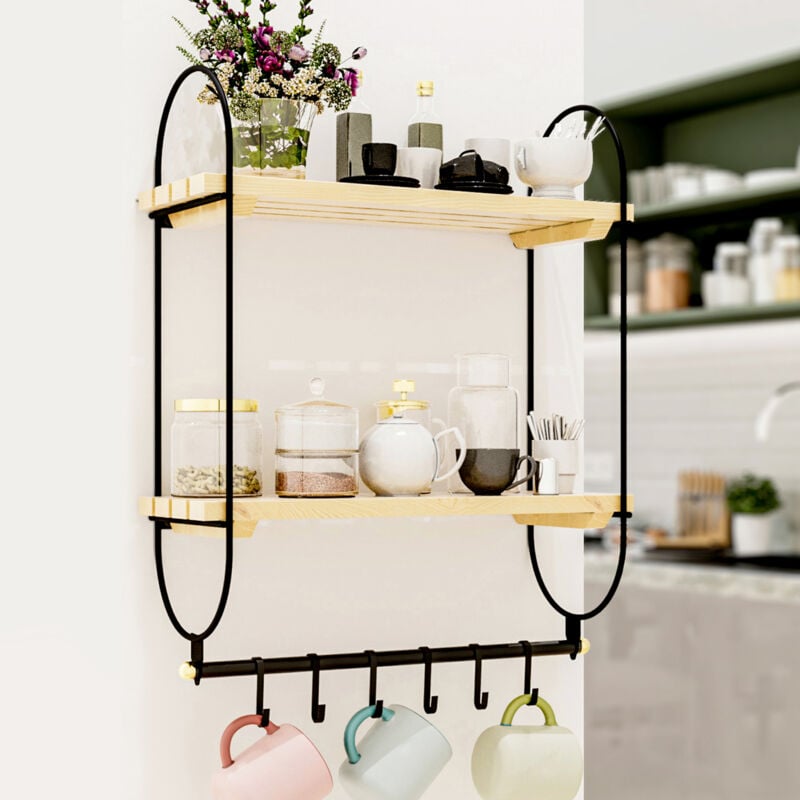 Tagère murale Pielavesi à 2 niveaux métal bois de pin 47 x 40 x 16 cm noir naturel [en.casa]