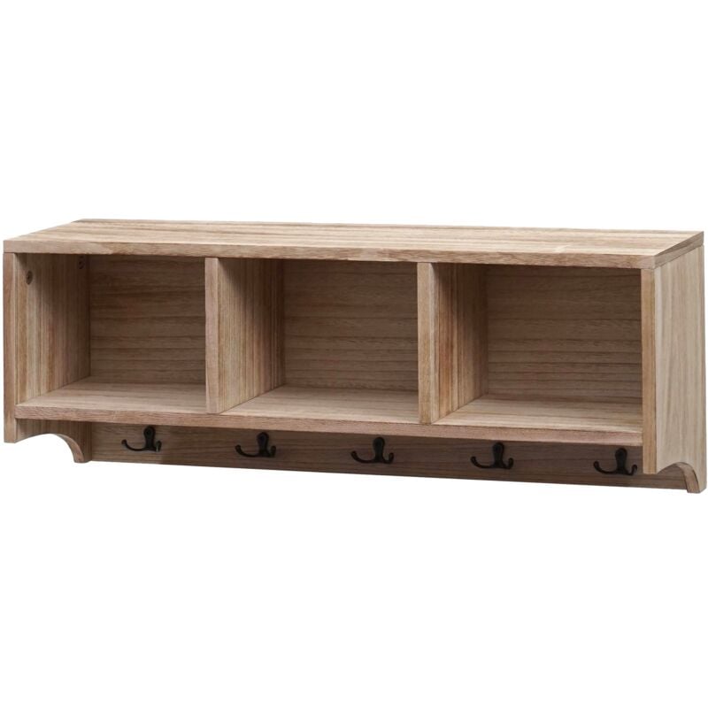 Étagère murale porte-manteau mural 3 compartiments et 5 crochets 30x80x20 cm bois marron 040008655