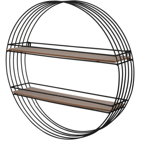 Étagère murale ronde 2 niveaux métal et bois - 45x45x11cm
