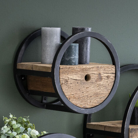 Etagère murale ronde 30x25x30 cm en bois brut et métal - ROUND