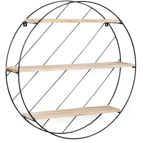 Etagère murale ronde LILY 3 niveaux bois et métal grillagé design industriel - Naturel