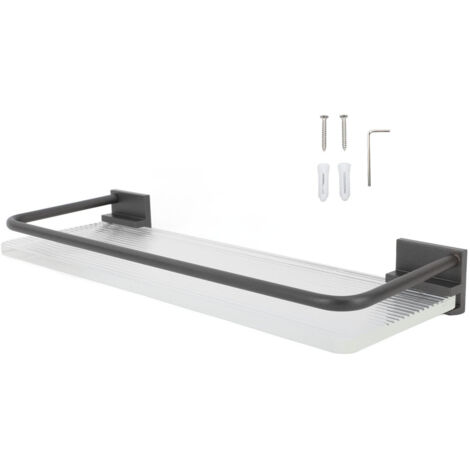 Étagère murale salle de bain 30 cm, support serviettes aluminium et acrylique, rangement gris