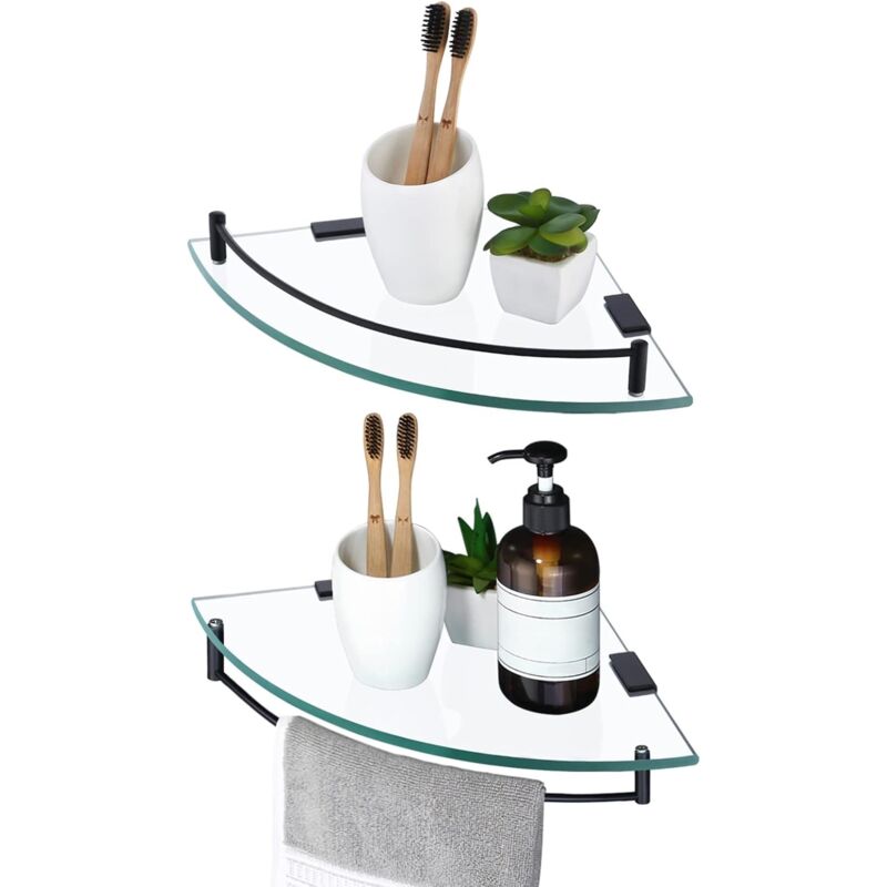 Tagère Murale Salle de Bain Tablette Verre Douche Étagère d'angle Murale Étagère d'angle de Douche 2 Pièces Acier Inoxydable sus 304 Noir Mat