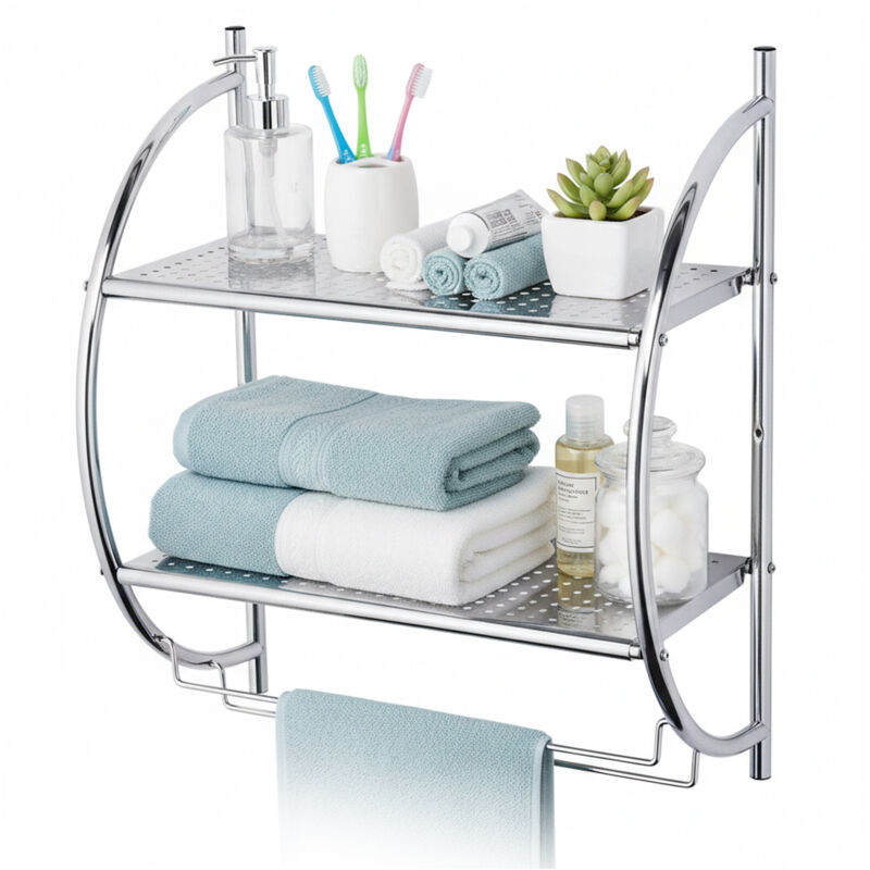 Relaxdays Étagère murale salle de bains, 2 étagères, 2 porte-serviettes, HxLxP 54,5 x 44,5 x 25,5 cm, inox chromé