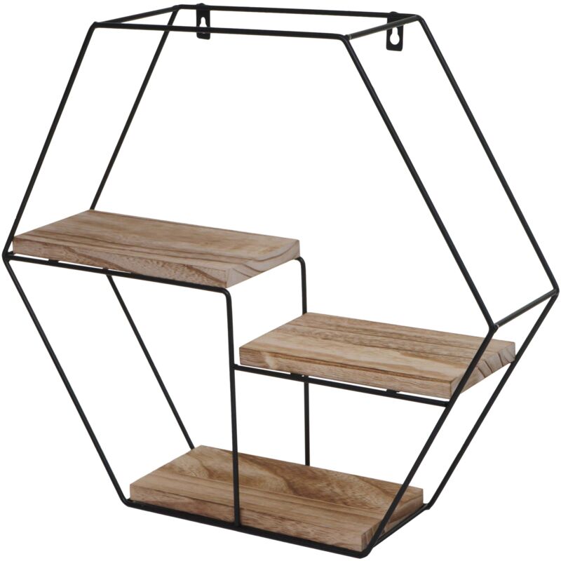 Étagère murale suspendue 3 niveaux en métal et bois design industriel forme hexagone 43 x 49 x 11 cm 040008659