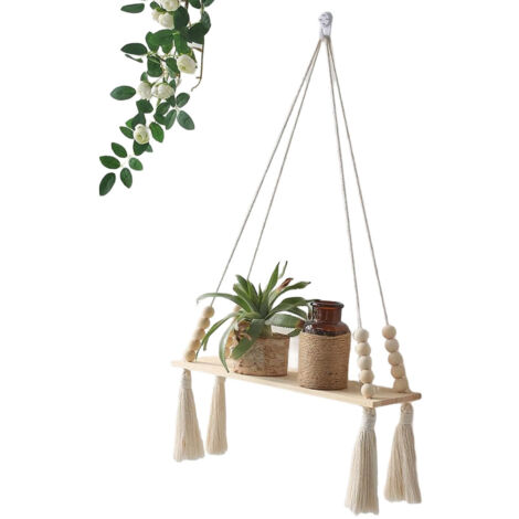 Étagère murale suspendue bohème avec perles en bois et franges pour décoration salon et chambre