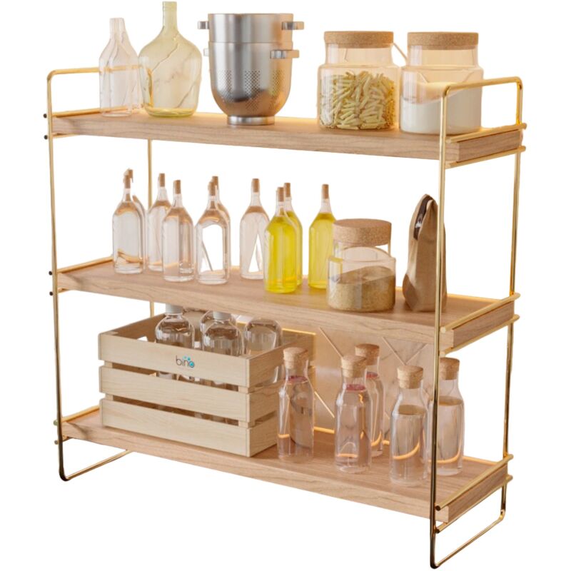 Etagère murale finitions dorées - 100% Bois Massif - Support Métal 45x16x40 cm - OrBrun - Wellhome