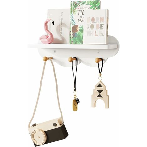 Étagère Murale WOLTU, Bibliothèque Enfant en MDF, en Forme de Nuage avec 3 Crochets, 36x20, 5x12cm, Blanc