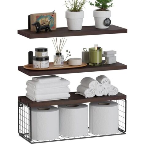 Étagère murale，mural en bois à trois couches, marron foncé, avec panier de rangement en papier - RWÉtagère murale