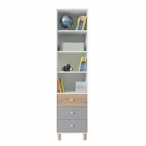 Etagère Omaha 123 , Avec tiroirs, Ouvert, Stratifié, 190x45x40cm, Gris, Blanc, Chêne Artisan