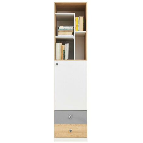 Etagère Omaha R122 , Avec des portes, Avec tiroirs, Stratifié, 190x45x40cm, Gris, Blanc, Chêne