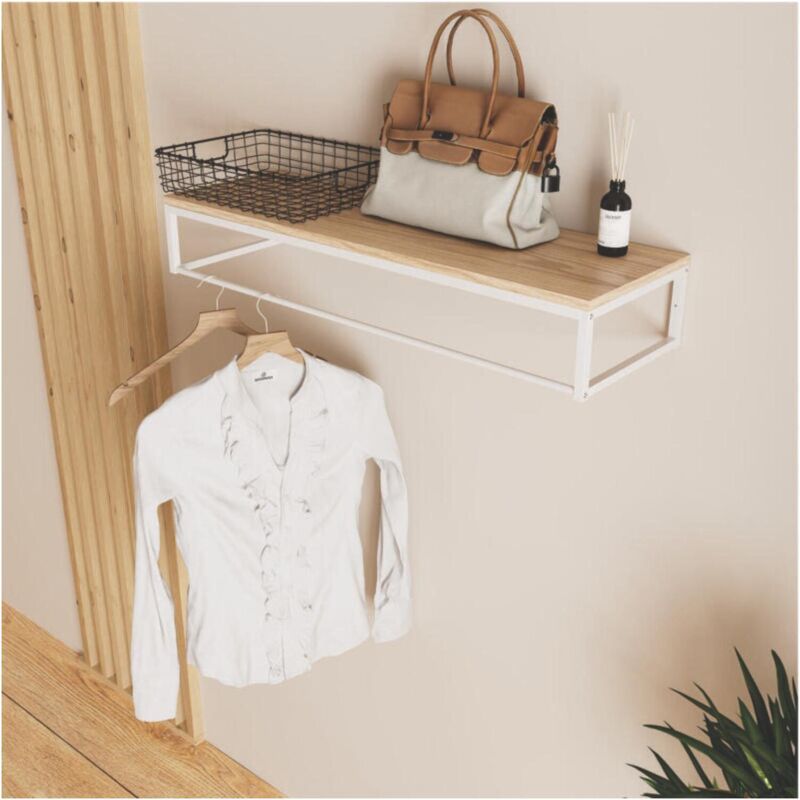 Mob-in - Penderie étagère murale bois et métal blanc grif