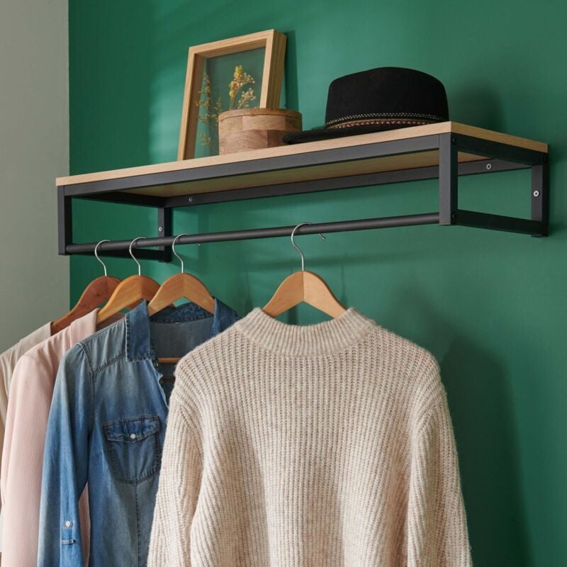 Mob-in - Penderie étagère murale bois et métal L90 cm grif Métal noir et bois