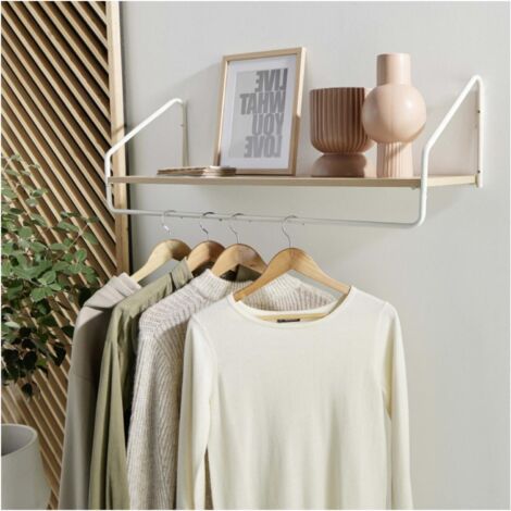 Etagère penderie murale bois et métal blanc 90x28,5cm