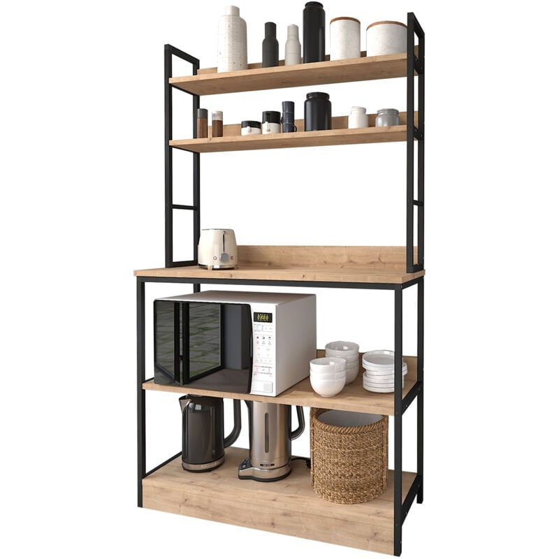 Etagère placard de cuisine de style industriel avec 4 étagères en mélamine chêne Safir. Structure en métal noir. (Hauteur 161 / Largeur 101 /