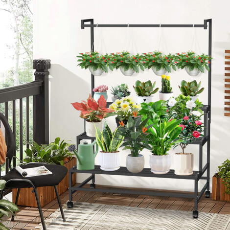 Étagère Plante 80cm métal 3 Niveaux avec Roulettes et Suspension,Pratique Gain de Place pour Intérieur/Extérieur Taille