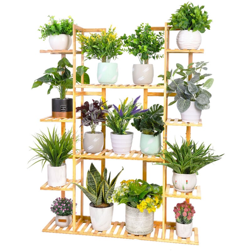 Tagère Plante en Bambou - Porte Plante à 9 Tablettes - Support Pot de Fleurs Design Vertical pour Maison Balcon Terrasse Jardin Café - 123x89x19.5cm