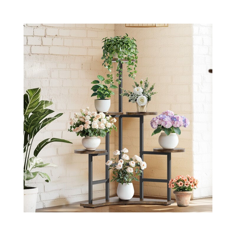 Tagère à Plantes Vintage Porte Plante d'Angle à 4 Niveaux pour Plantes, Multifonction Support Présentation en Fer&Bois pour Entrée Balcon Maison