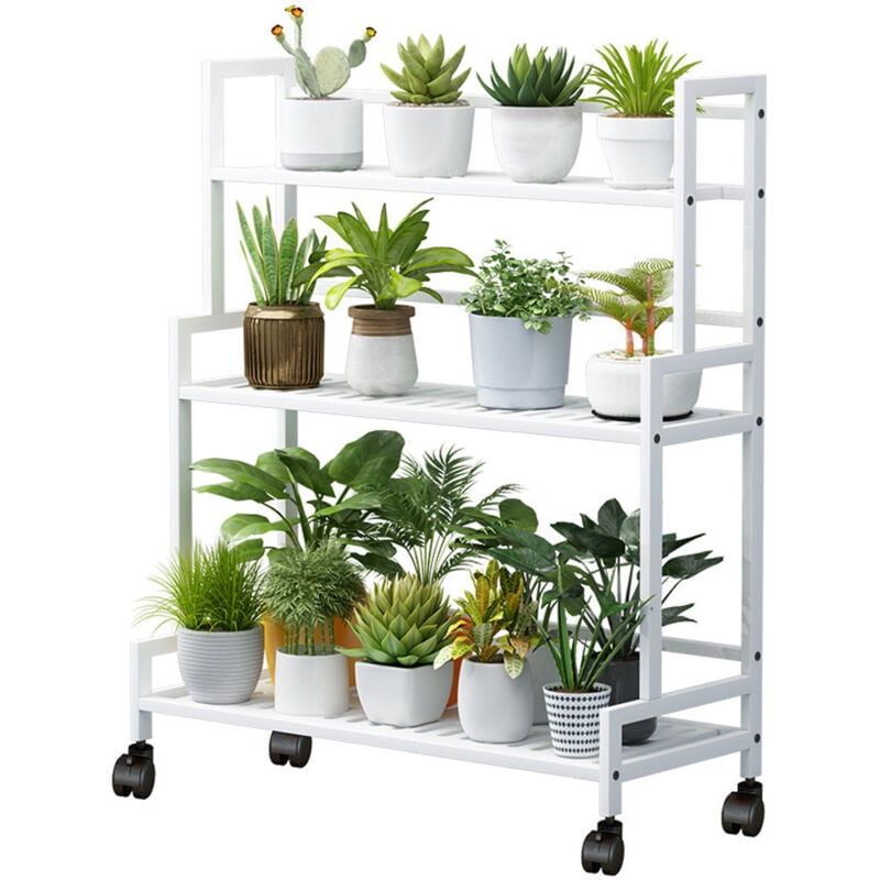 Tagère Plante métal avec Roues, 3 niveaux étagère échelle de Fleuriste en Fer Forgé for Terrasse Jardin, Intérieur Extérieur Métal Support de Plante,