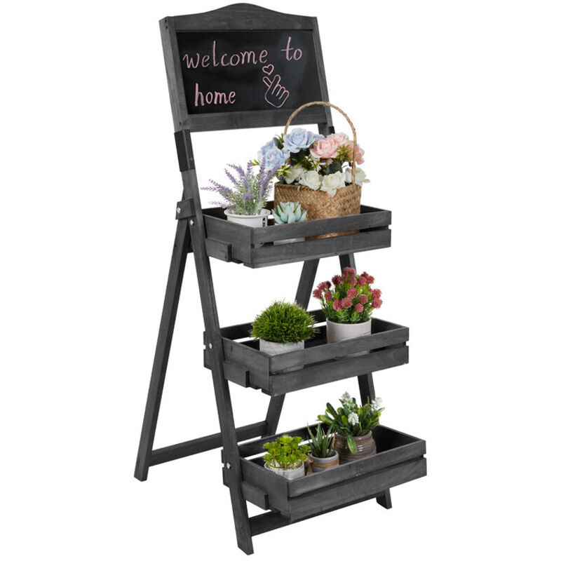 Unho – Étagère à plantes en bois de paulownia – 3 niveaux – Tableau noir 34.5 x 17 cm – Dimensions 102 x 104 x 25 cm – Support décoratif pour