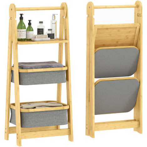 Étagère pliante en bambou pour salle de bain avec 2 paniers à linge étagère ouverte gris