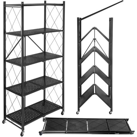 Étagère pliante GESTEL à 5 niveaux, noire, sur roulettes
