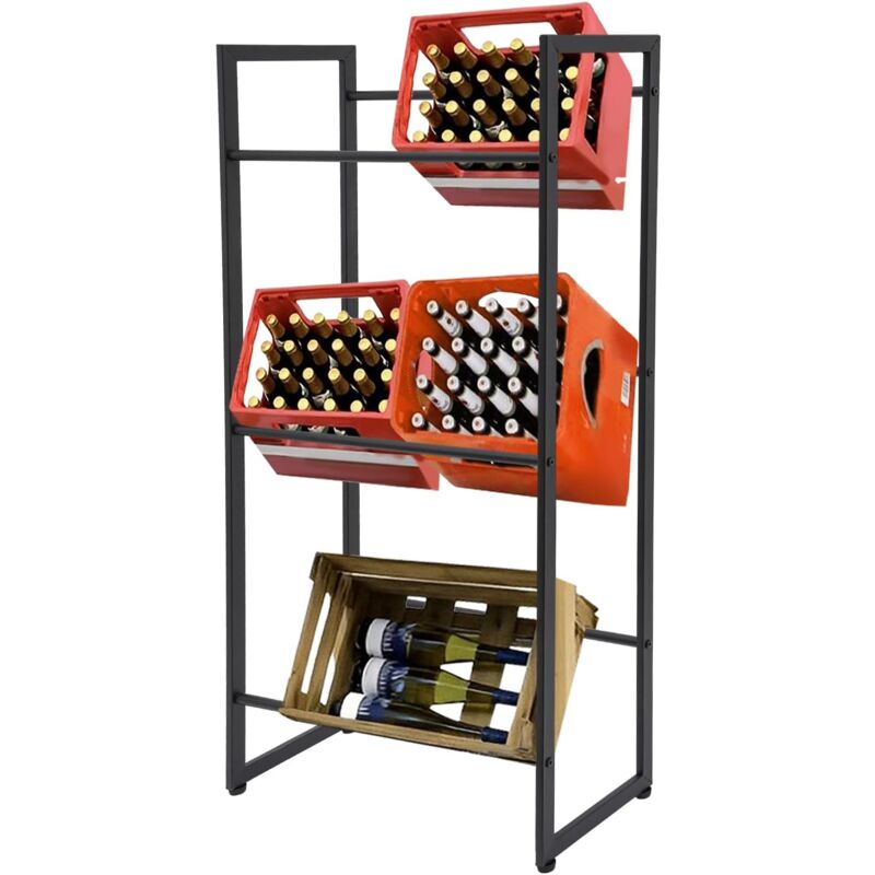 Tagère pour 4 caisses à boissons, Noir, Support autoportant, Étagère pour caisses à boissons, Étagère à bière, Pour garage, bar (3 niveaux)