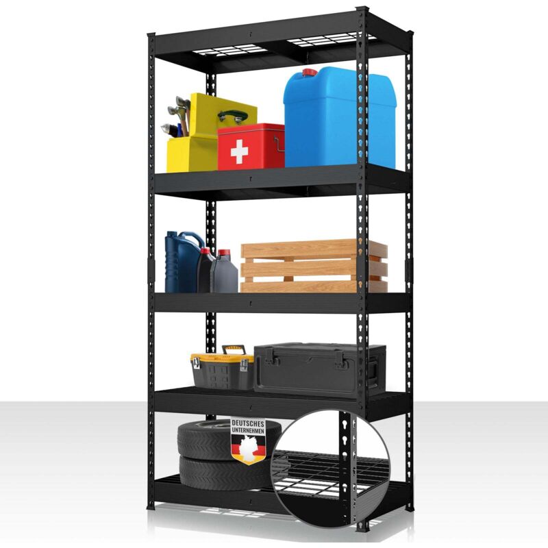 Étagère pour charges lourdes Yukon Rivet Étagère en acier avec tablettes grillagées Noir 180 x 90 x 60 cm, 4 étages