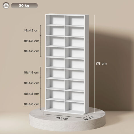 Étagère pour DVD, étagère de rangement pour CD, 14 étagères réglables, 18 compartiments, 175 cm, étagère pour Blu-ray, panneaux de particules, blanc