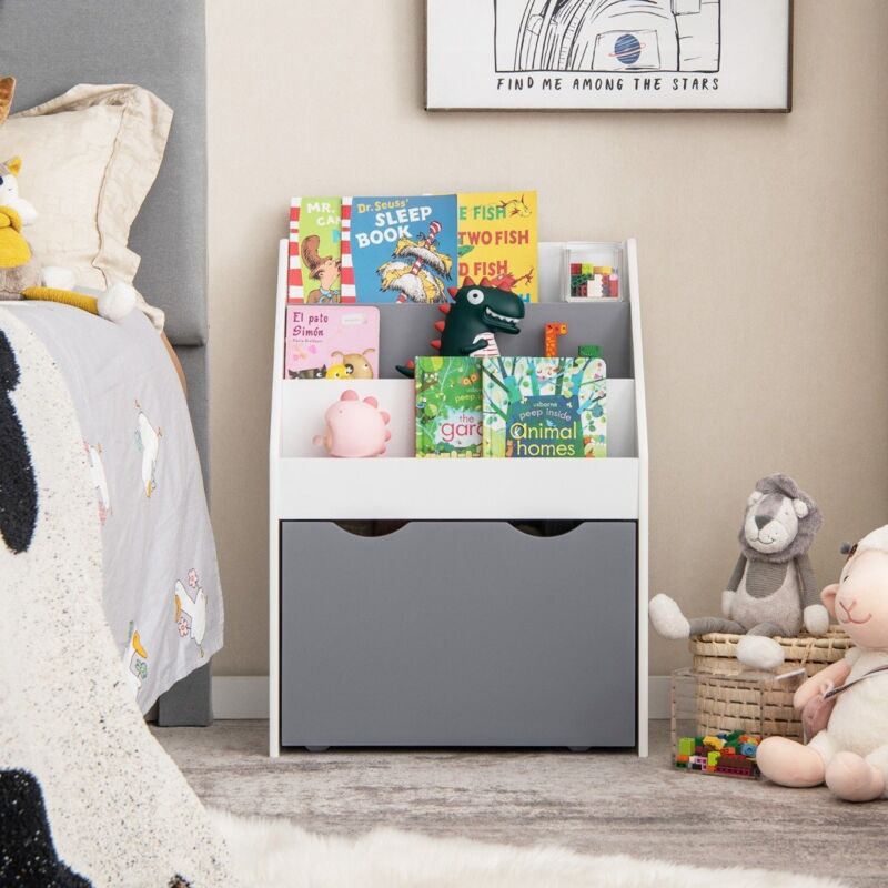 Etagere pour enfants avec 3 etageres et coffre a jouets roulant bibliotheque pour enfants gris blanc