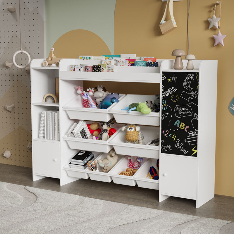 Dans Les Nuages – Bibliothèque enfant en pin massif avec tableau noir – Dimensions 137x53x94,5 cm – 2 armoires de rangement et étagères ouvertes