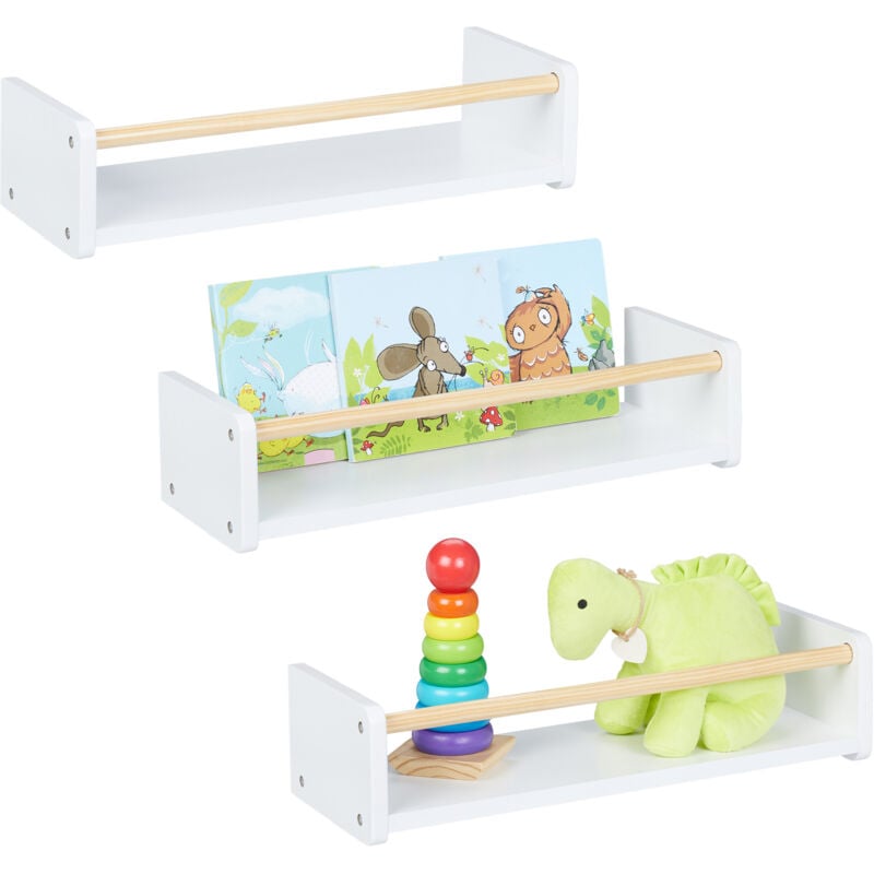 Rangement pour la chambre de votre enfant, lot de 3, montage mural, HxLxP : 12 x 50 x 18 cm, blanc et nature - Relaxdays