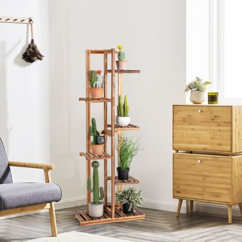 Étagère pour Fleurs en Bambou 6 Niveaux Autoportante 7 Pots avec Dispositif Anti-basculement Intérieur/Extérieur Marron Maison Chic