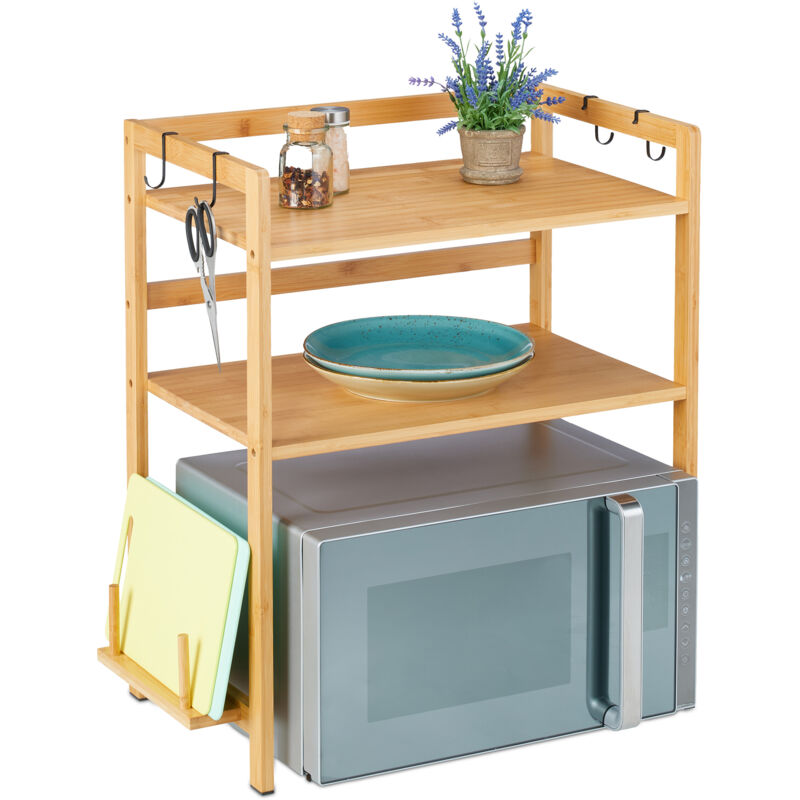 Relaxdays - tagère pour micro-ondes h x l x p : 67 x 61 x 35 cm, bambou, 2 niveaux, 4 crochets, naturel