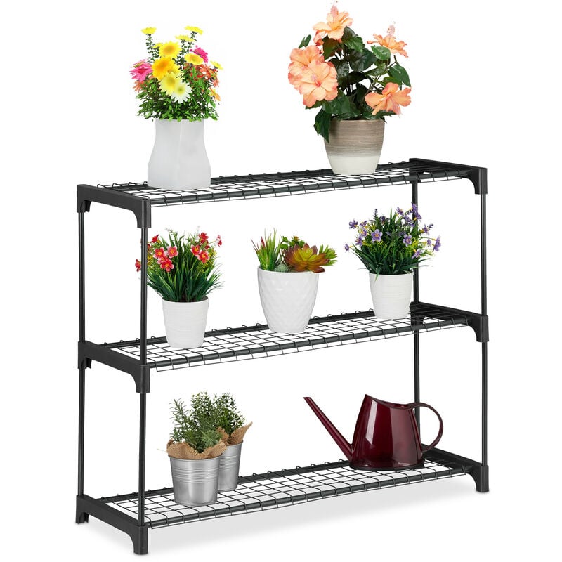 Tagère à plantes, 3 niveaux, pour fleurs & pots, intérieur, métal & plastique, HxLxP : 72x91x28 cm, noir - Relaxdays