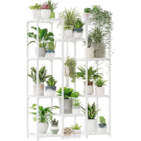 Étagère pour plantes d'intérieur blanche - Étagère en bois pour plusieurs plantes - 3 niveaux - Support pour 7 pots de fleurs - Décoration d'intérieur bohème pour le jardinage