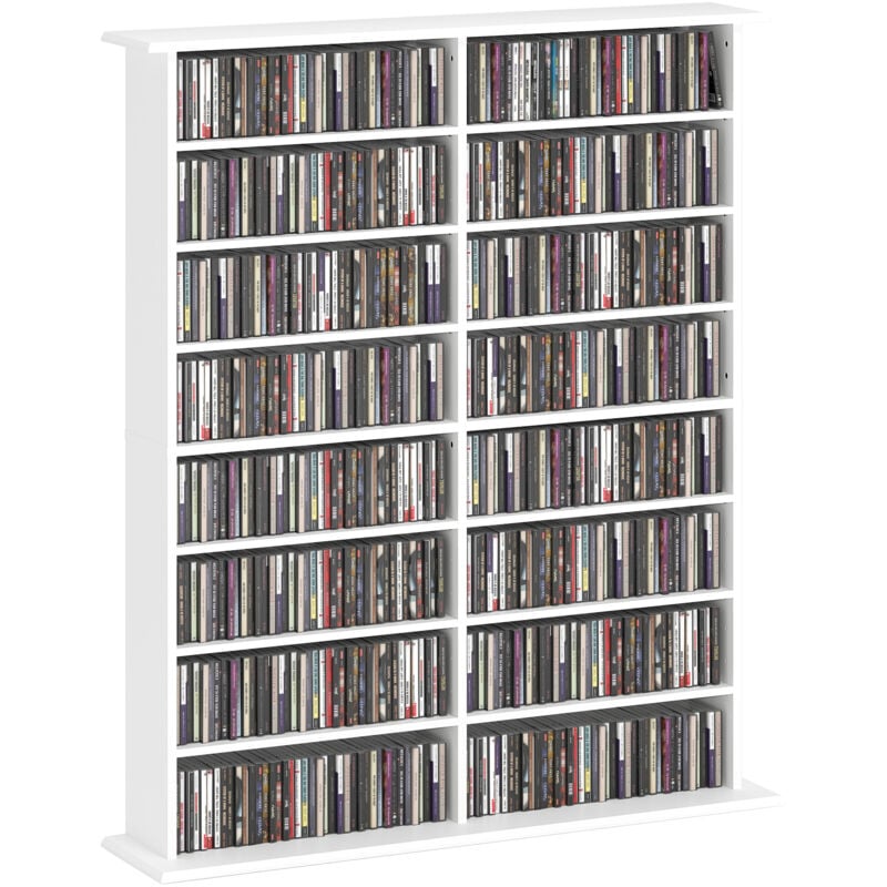 Tagère range cd - meuble rangement cd dvd - 16 compartiments, 12 étagères réglables - max 720 CD/396 dvd - blanc