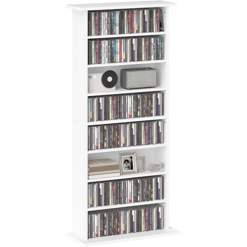 Homcom - tagère range cd - meuble rangement cd dvd - 8 compartiments, 6 étagères réglables - max 360 CD/185 dvd - blanc