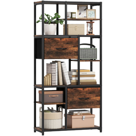 Étagère rangement 2 tiroirs tissu 9 compartiments ouverts, structure acier, meuble modulable salon chambre marron noir