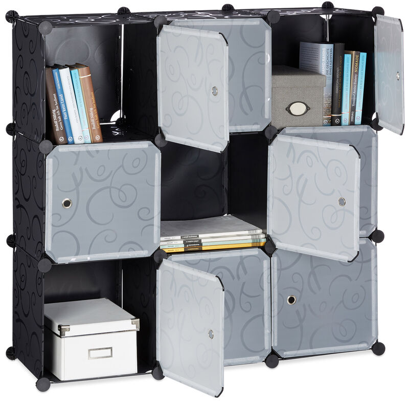 Étagère rangement 9 casiers portes plastique modulable DIY assemblage plug in bibliothèque 95x95x32 cm, noir