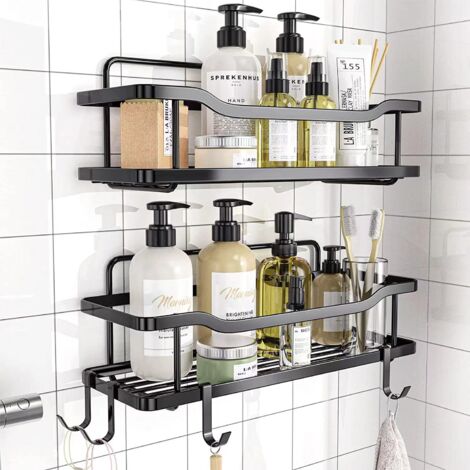 Etagere Rangement Douche Lot de 2 - Panier de Cuisine ou Salle de Bain sans Perçage - Étagère Murale Noire de Rangement pour Douche & Baignoire avec Crochets pour Accessoires