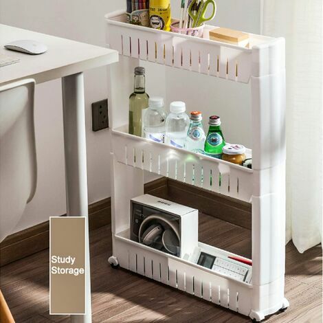 Etagère Resserre 3 Etages sur Roulettes 54 cm x 12 cm x 71 cm en Plastique Blanc