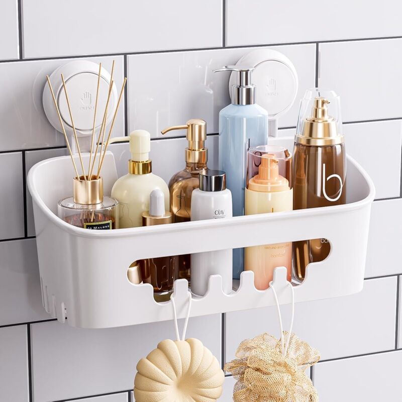 Étagère robuste avec ventouses sous vide, panier amovible sans perçage pour articles de toilette, salle de bain ou cuisine