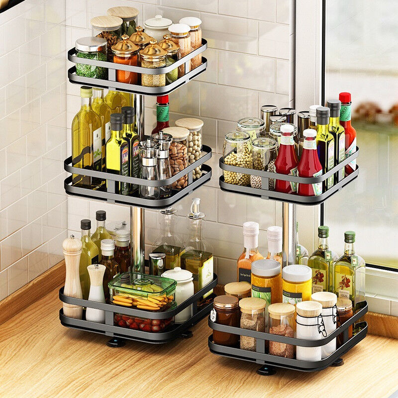Deconation - Etagère rotative multirangements 43,5 cm x l 24 cm : épices, boîtes, flacons Support carré 2 niveaux Noir - Livraison gratuite