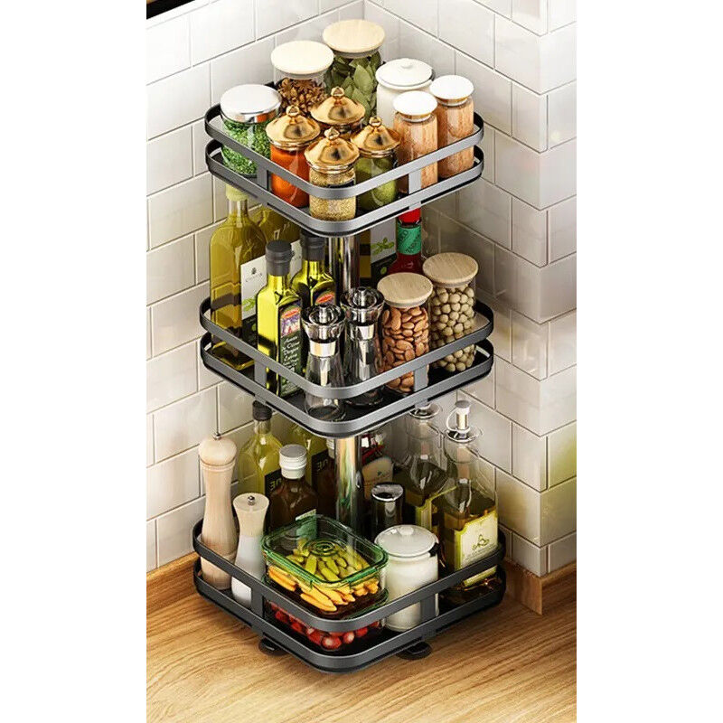 Deconation - Etagère rotative multirangements h 59 cm x l 24 cm : épices, boîtes, flacons Support carré 3 niveaux Noir - Livraison gratuite